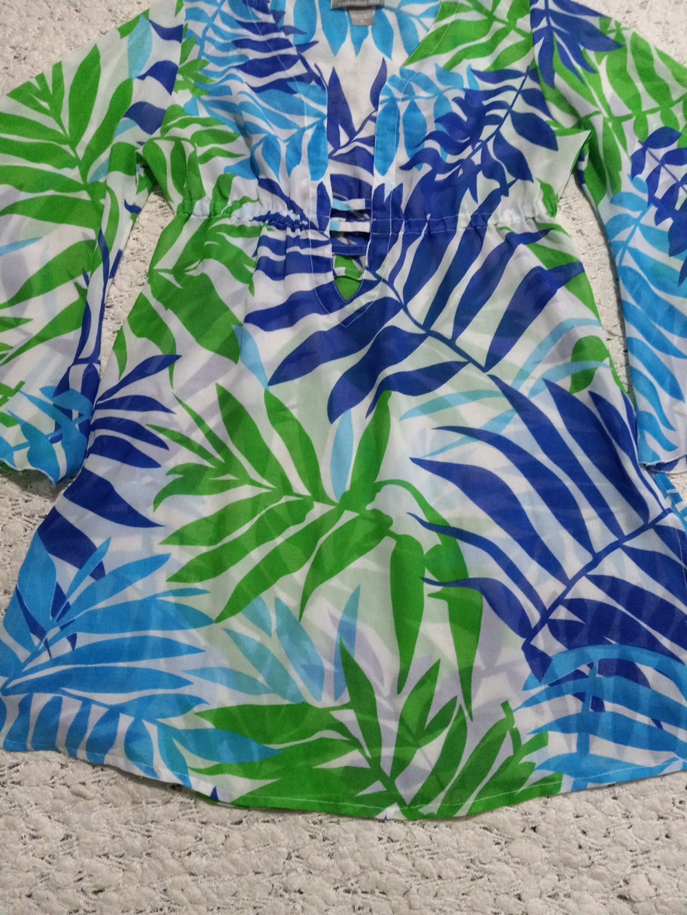 Peppermint Leaf-Print V-Neck Tunic Top Cover Up in Blue & Green Size S - Picture 6 of 10